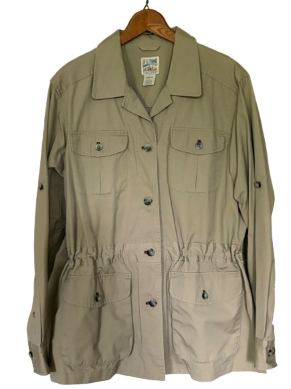 TravelSmith Women’s Khaki Cotton Safari Jacket Size L Bush Poplin Utility Cargo